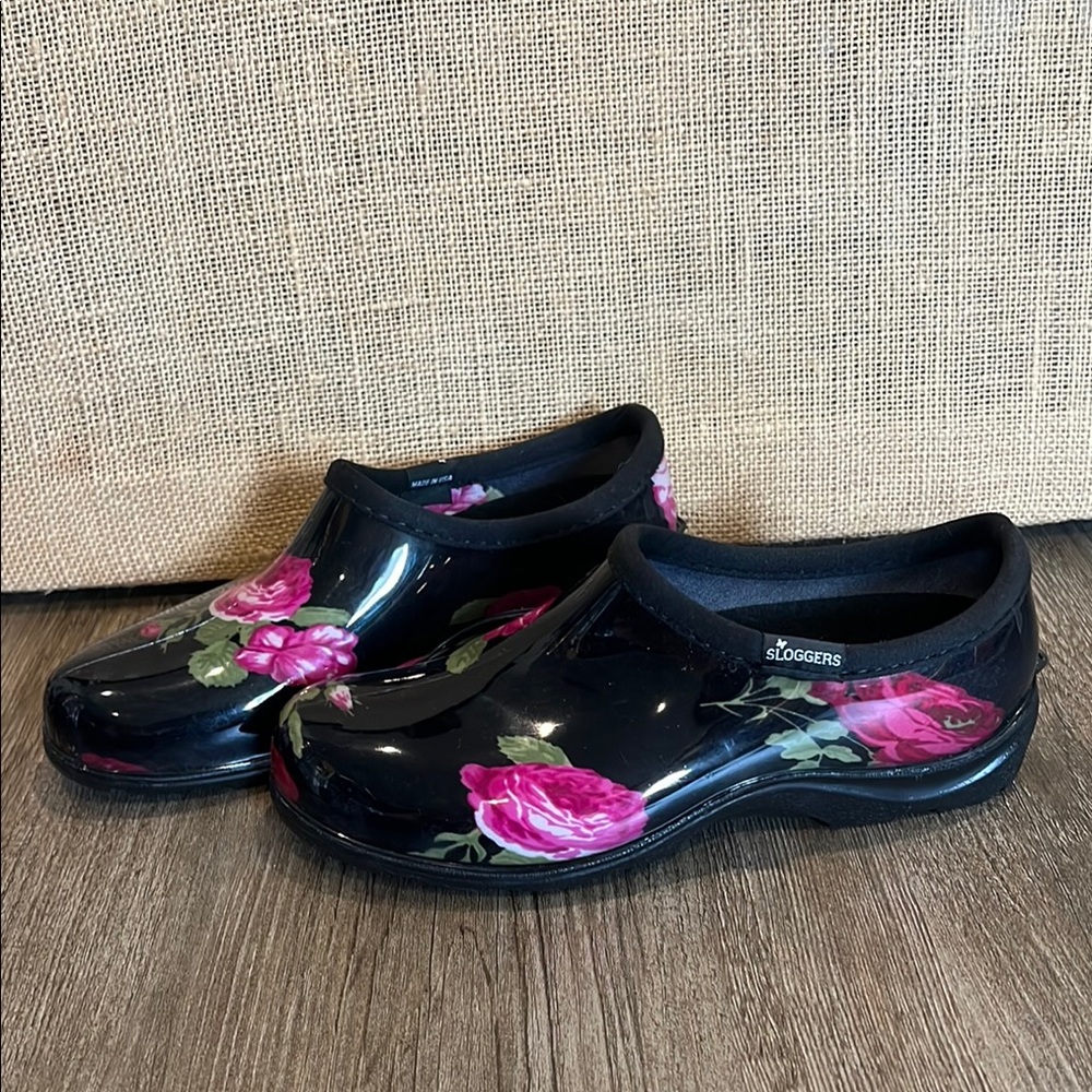 Sloggers rain and garden Black Clogs with Vibrant Pink Floral Design 7